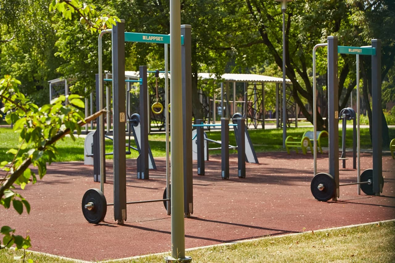 Kukūn outdoor gym with training equipment on the lawn