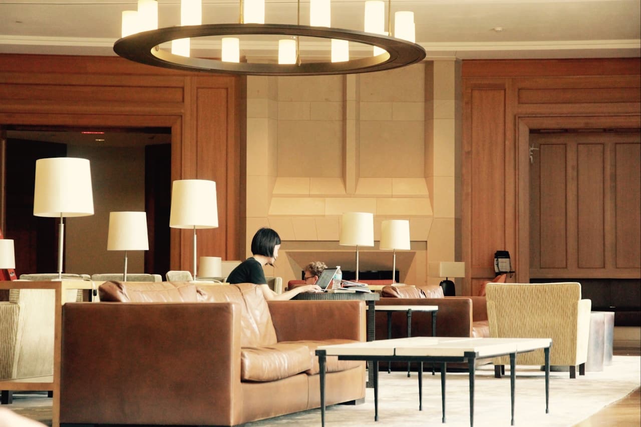 Westrict lobby with chandeliers and lounge seating