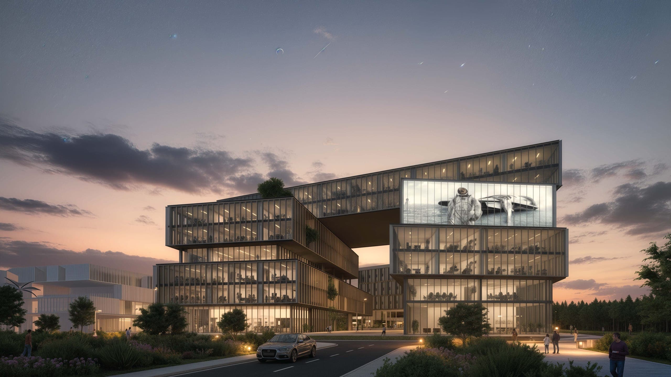 Westrict — illuminated mixed-use destination at dusk